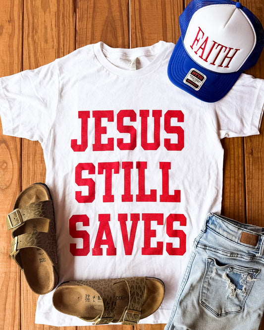 Jesus Still Saves White Tee | Red, White, & Blue
