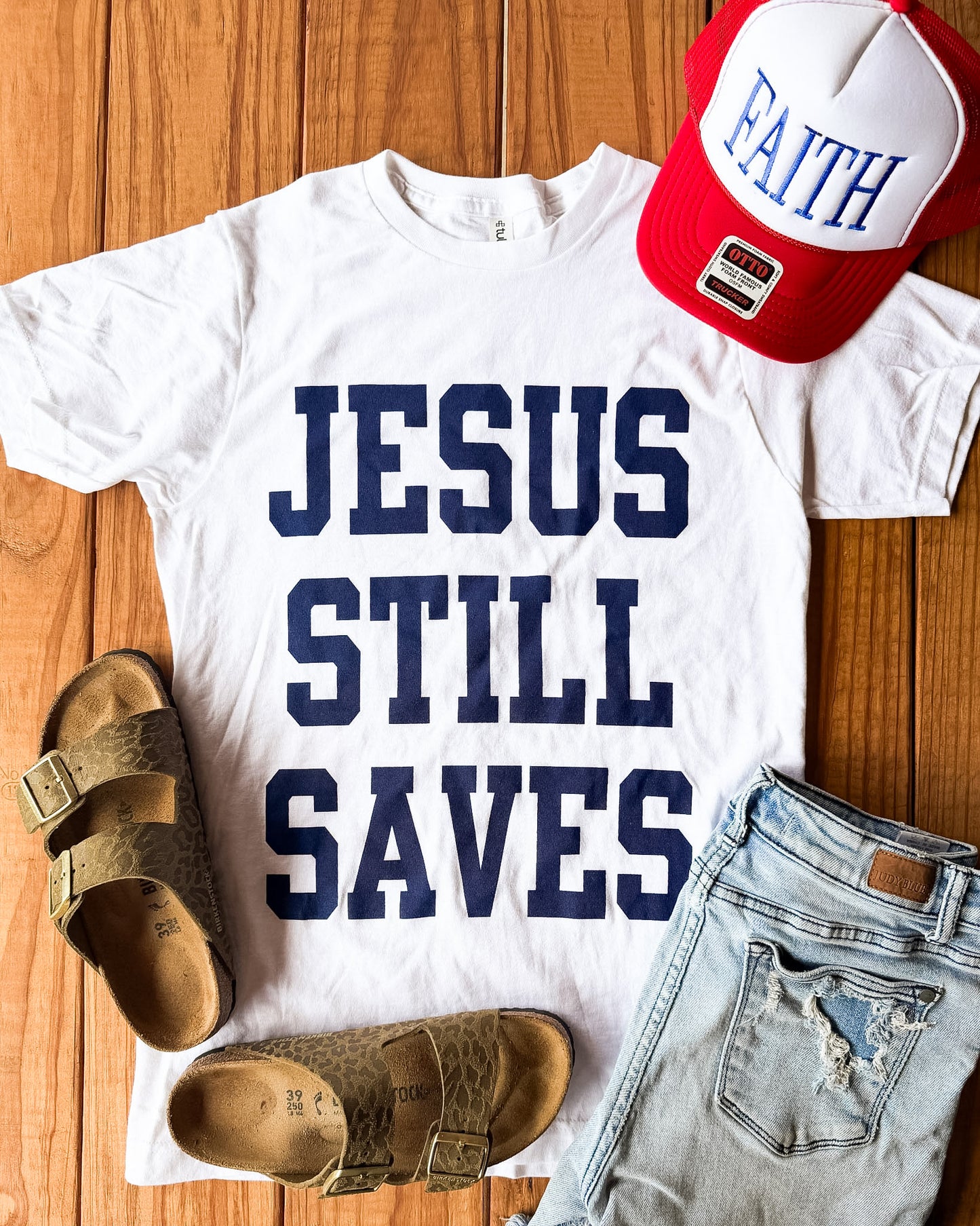 Jesus Still Saves White Tee | Red, White, & Blue