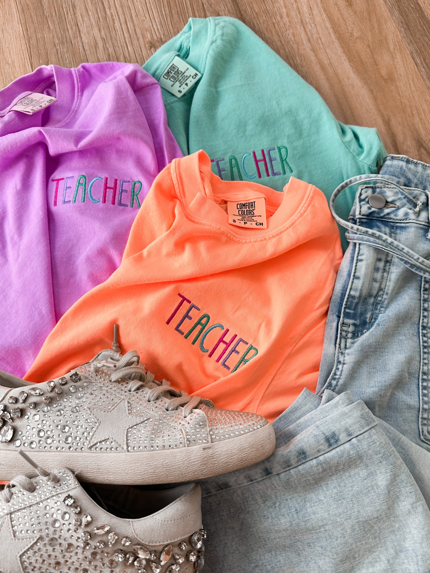 Teacher Embroidered Comfort Colors Tee | Multicolor Stitch