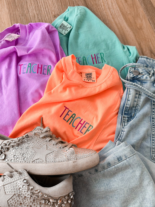 Teacher Embroidered Comfort Colors Tee | Multicolor Stitch